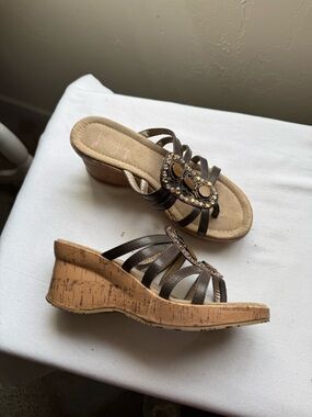 Y2K Jellypop Bejewelled Brown Strappy Wedge Sandals Size 6.5 Boho Chic